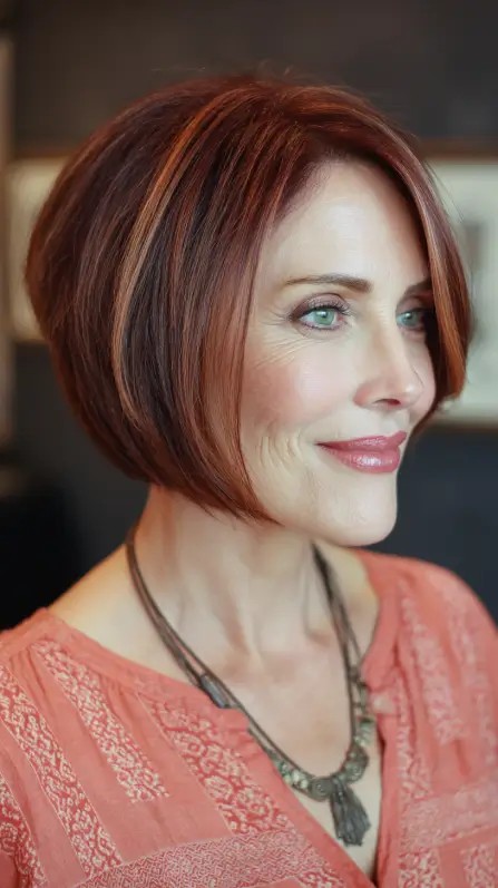 Chic Rich Auburn Angled Bob with Subtle Highlights