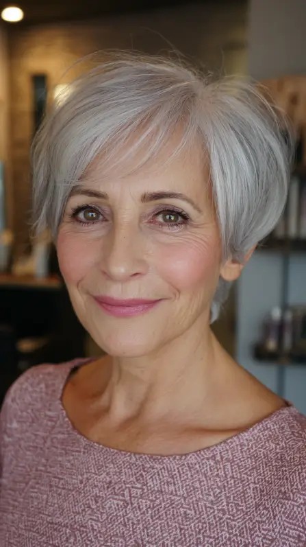 Chic Softly Shaped Silver Pixie with Volume