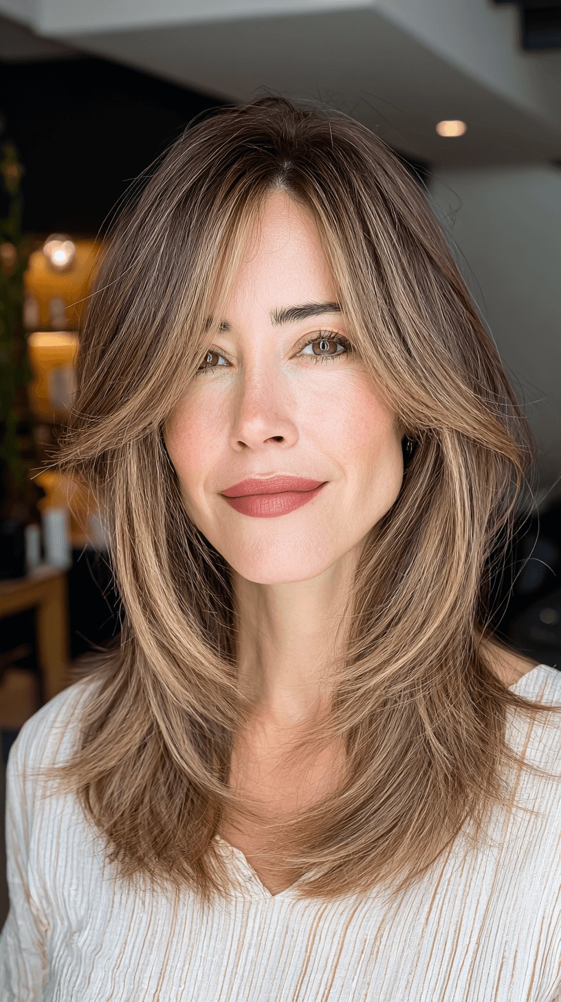 Chic Teddy Bronde Long Layers with Subtle Face-Framing Highlights