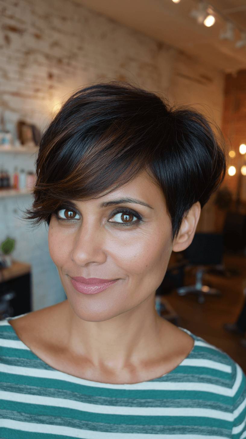 Chic Textured Side-Swept Pixie with Subtle Caramel Highlights
