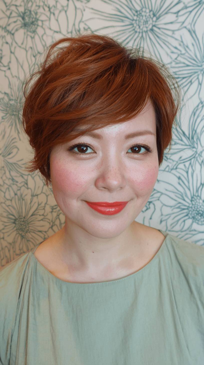 Chic Textured Side-Swept Pixie with Warm Copper Tones