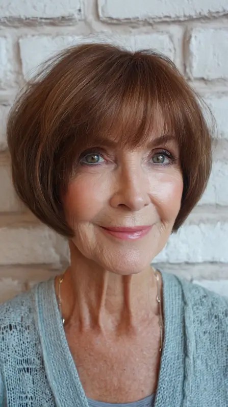 Chic Warm Brown Bob with Soft Fringed Bangs
