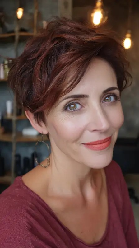 Elegant Textured Pixie with Rich Auburn Highlights