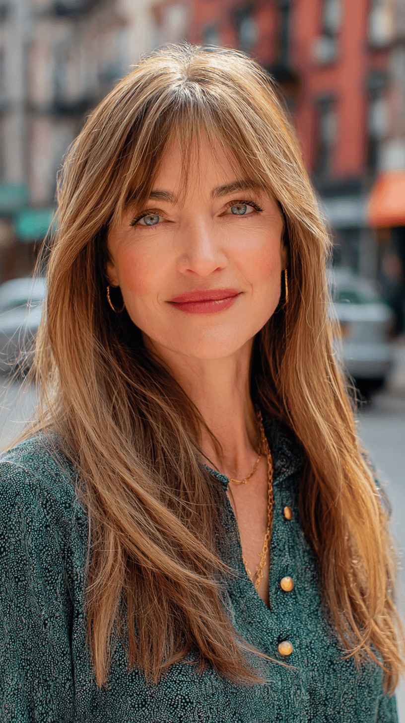 Long Layered Hair with Soft Bangs and Subtle Highlights
