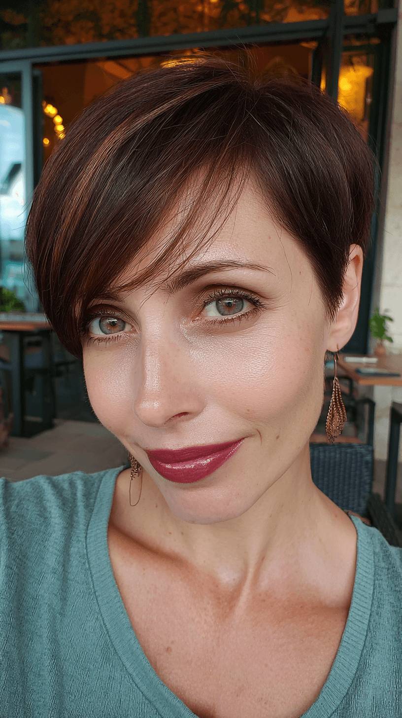 Modern Side-Swept Pixie with Warm Brown Undertones