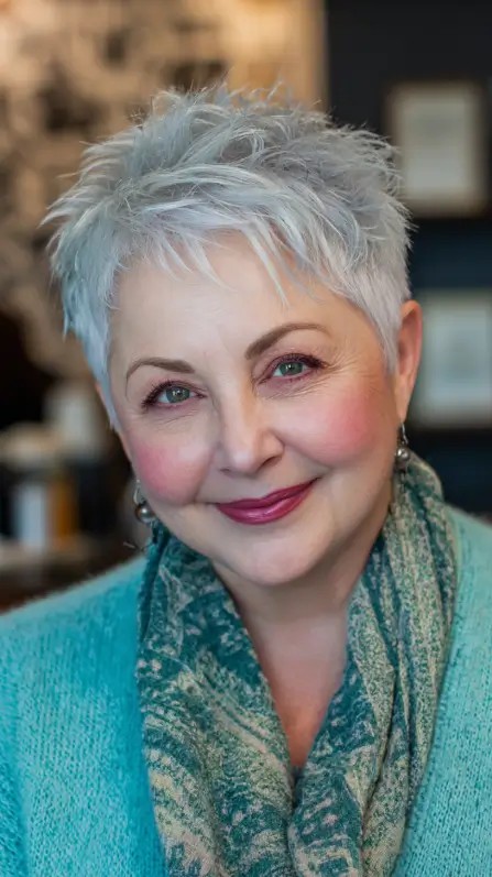 Modern Textured Silver Pixie with Playful Volume