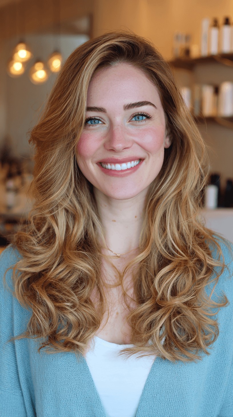 Radiant Long Curls with Soft Layers and Warm Tones