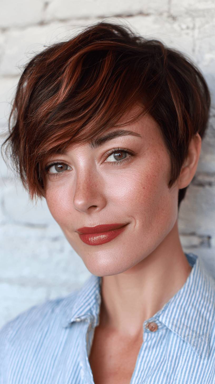Stylish Textured Side-Swept Pixie with Warm Undertones