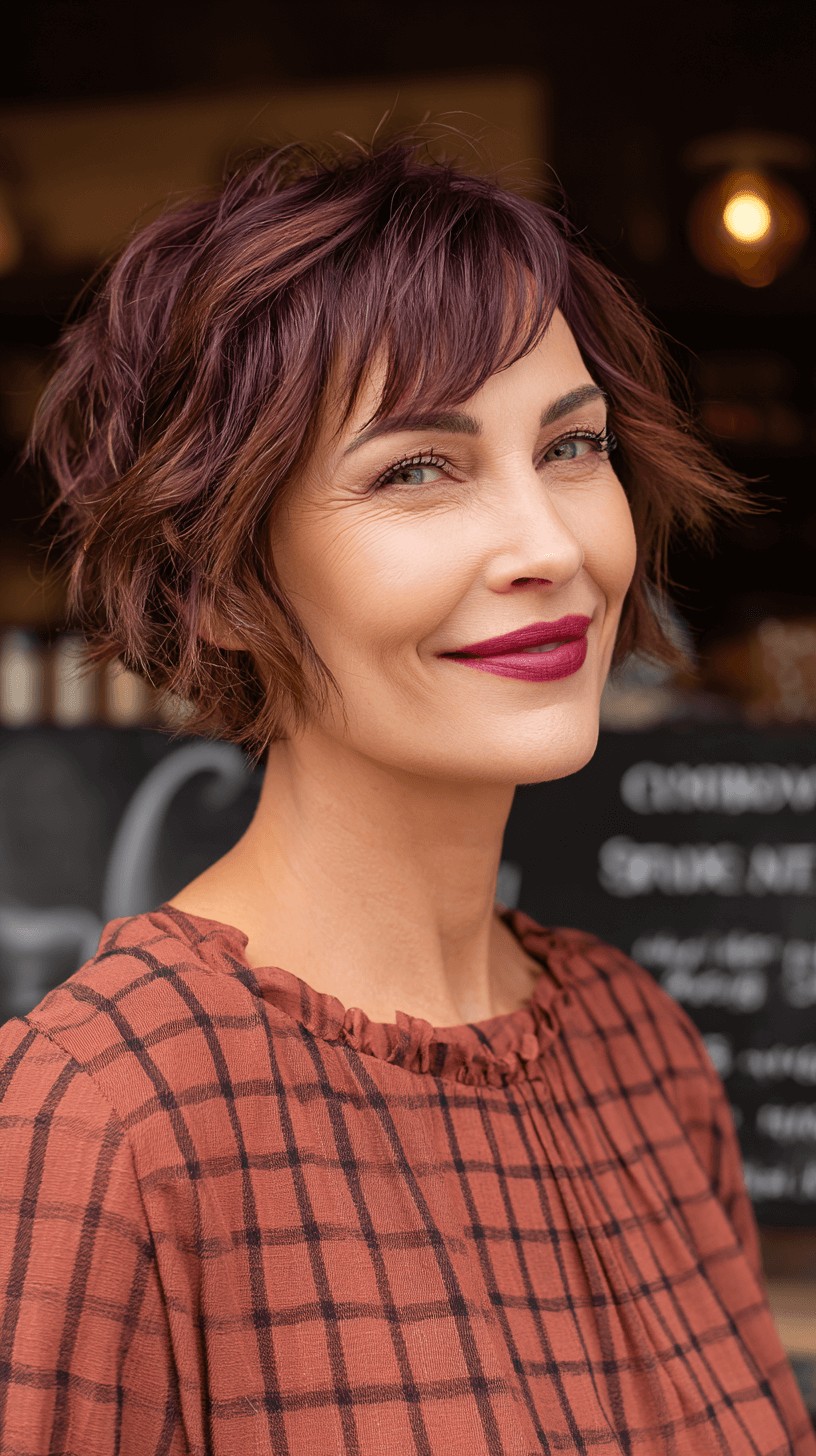 Textured Short Cut with Rich Plum Highlights
