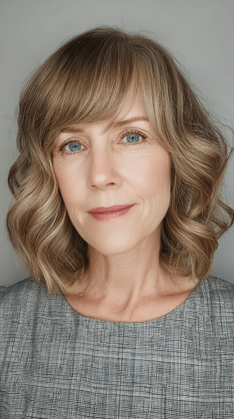Textured Shoulder-Length Waves with Blunt Bangs