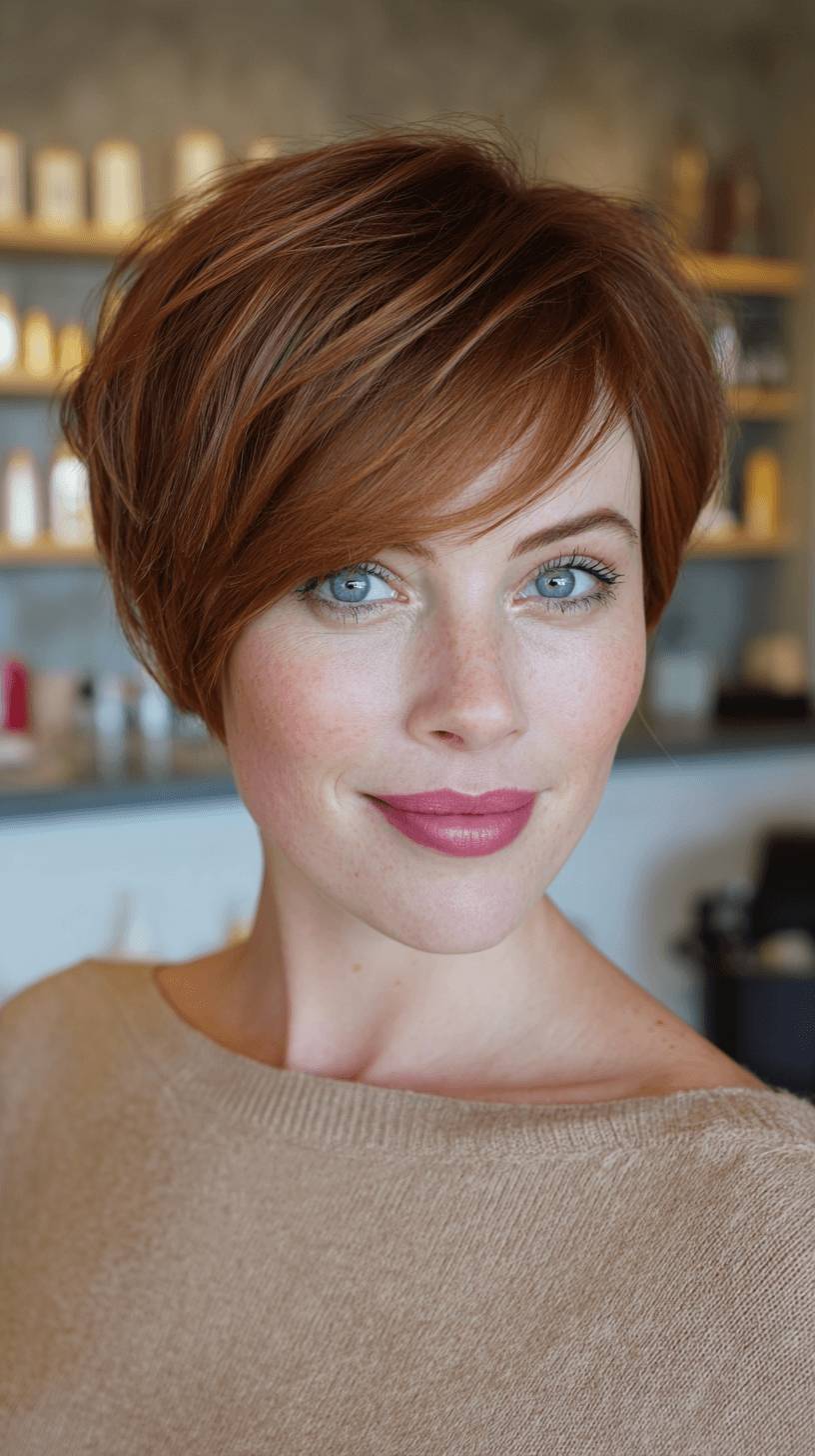 Bright Copper Layered Pixie Cut with Soft Bangs