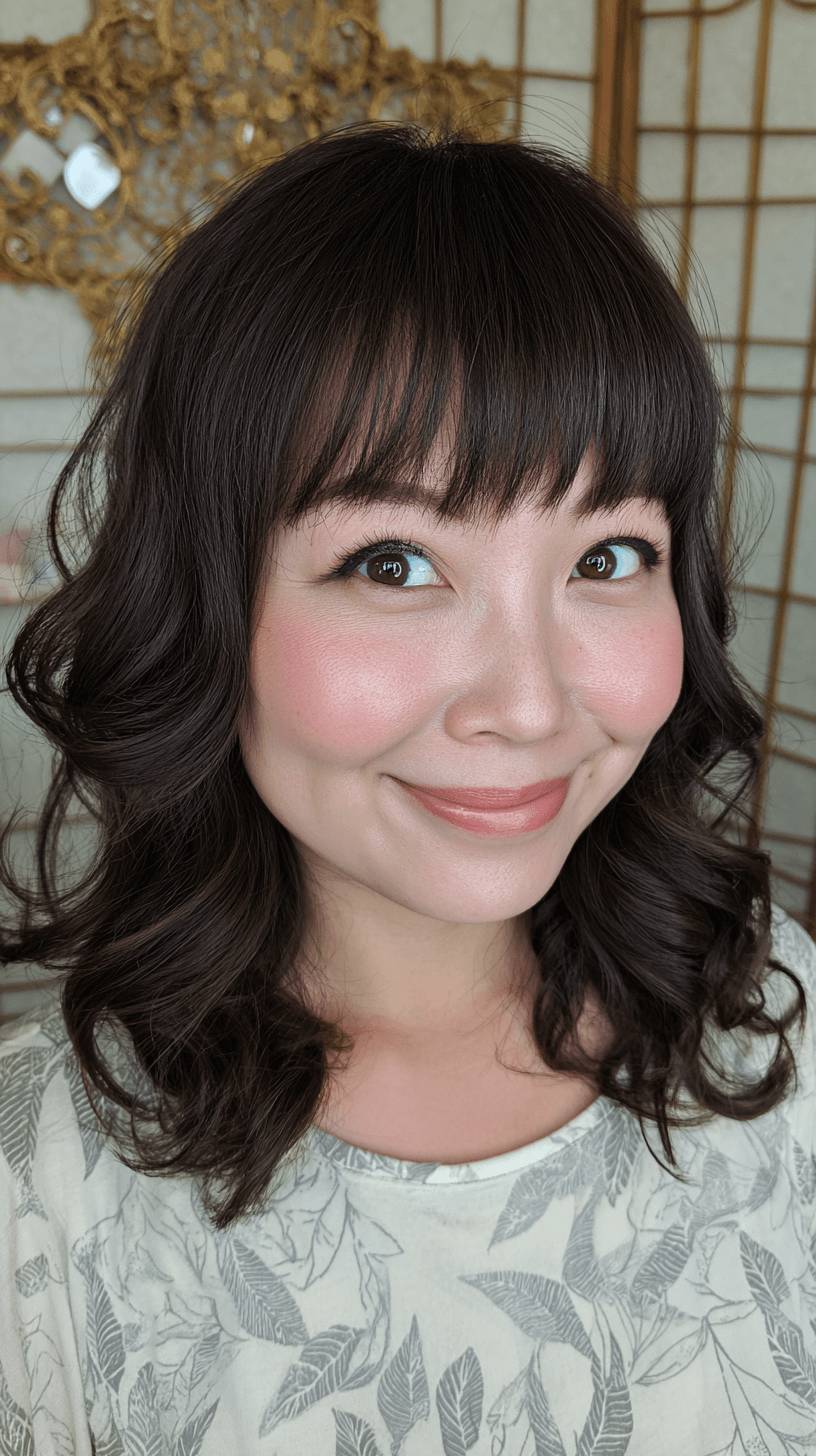 Chic Dark Brown Curly Cut with Soft Bangs