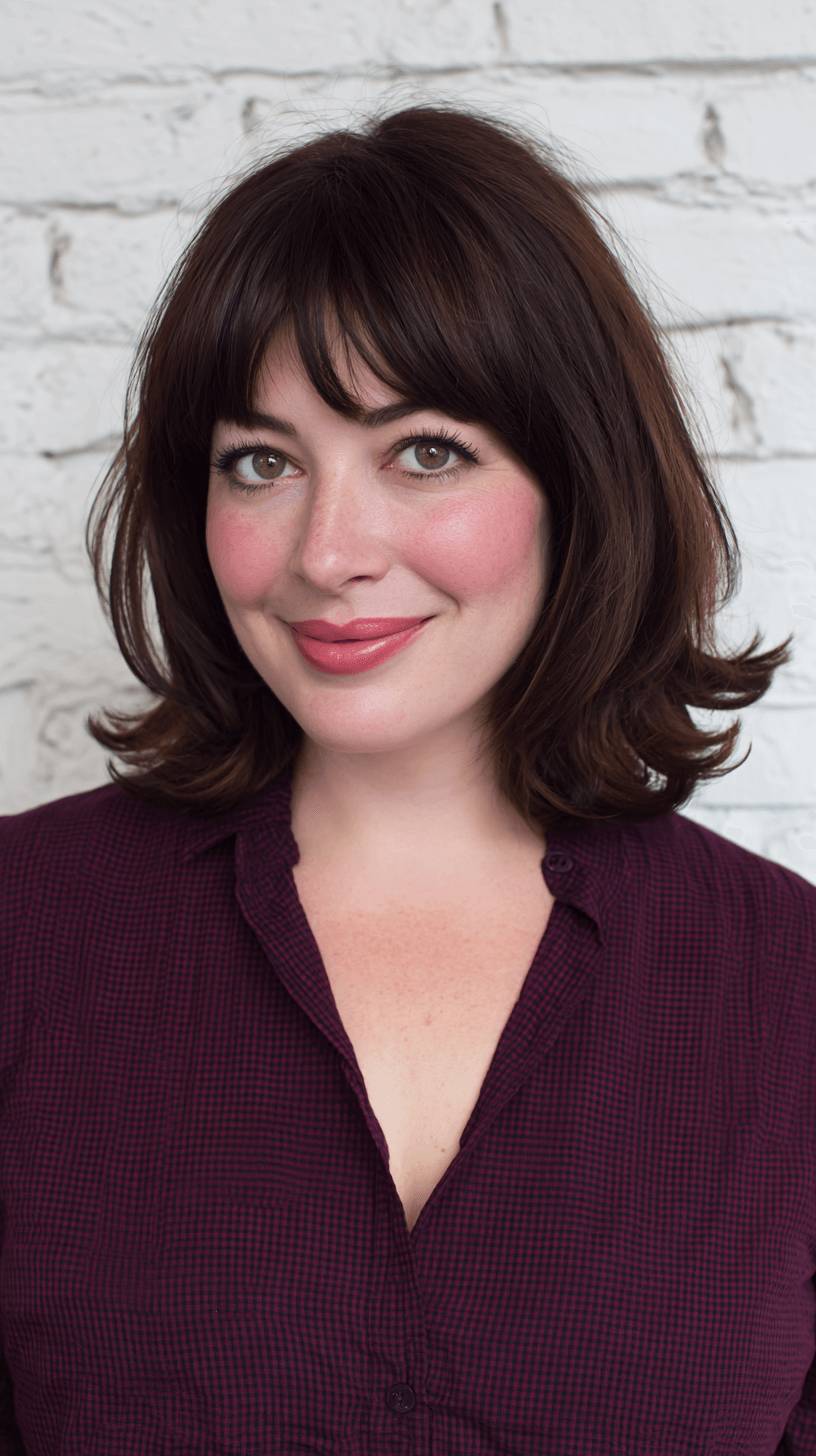 Chic Dark Brown Shoulder-Length Cut with Soft Bangs