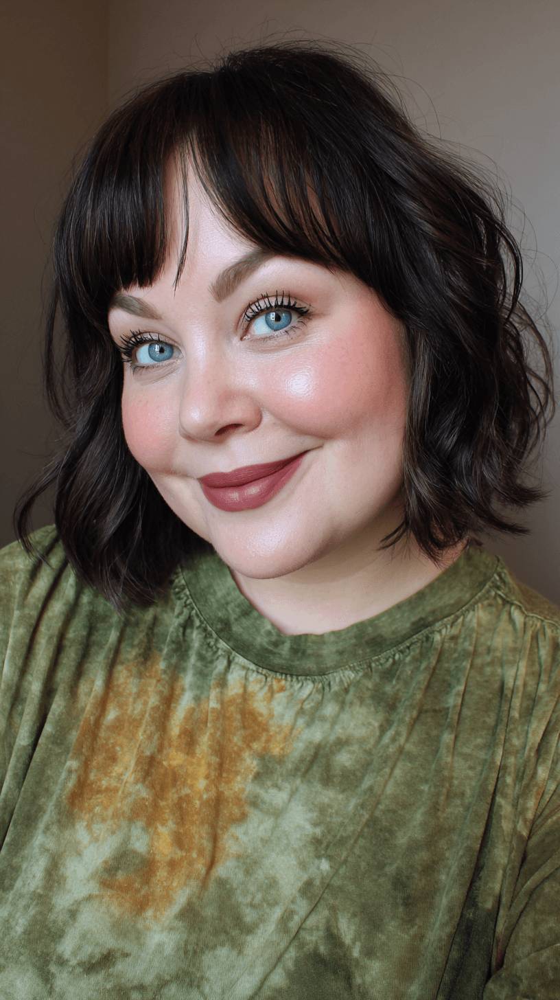 Chic Dark Brown Wavy Bob with Face-Framing Bangs