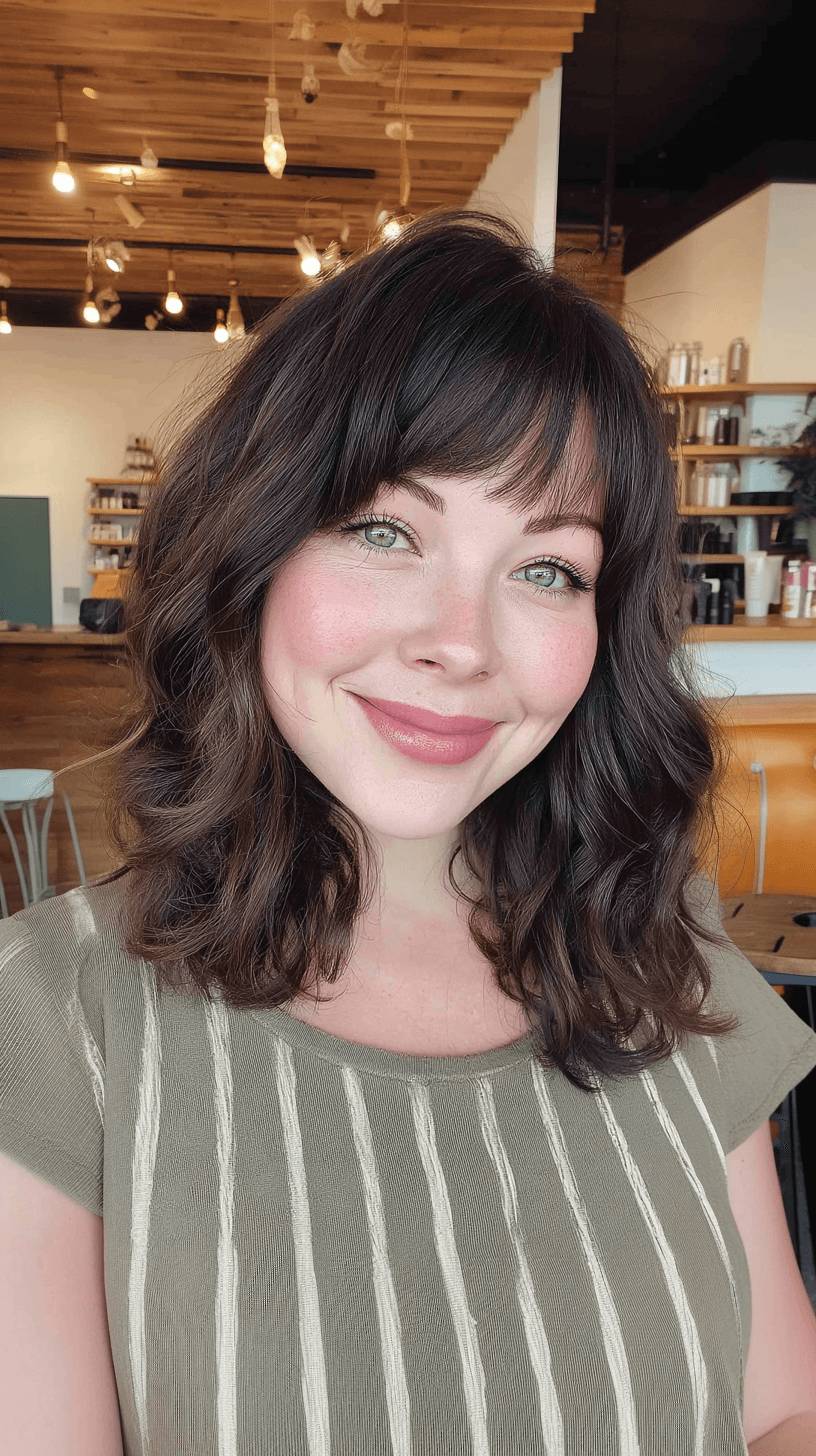 Chic Dark Brown Wavy Shoulder-Length Cut with Soft Bangs