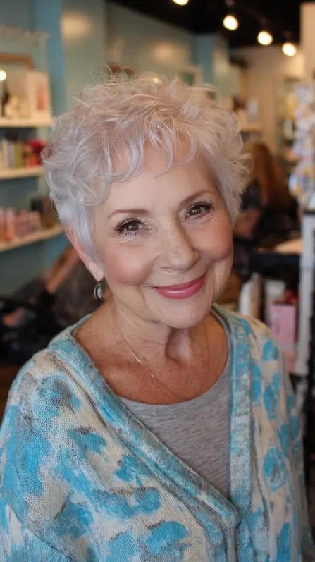 Choppy Silver Curly Pixie Cut with Soft Volume