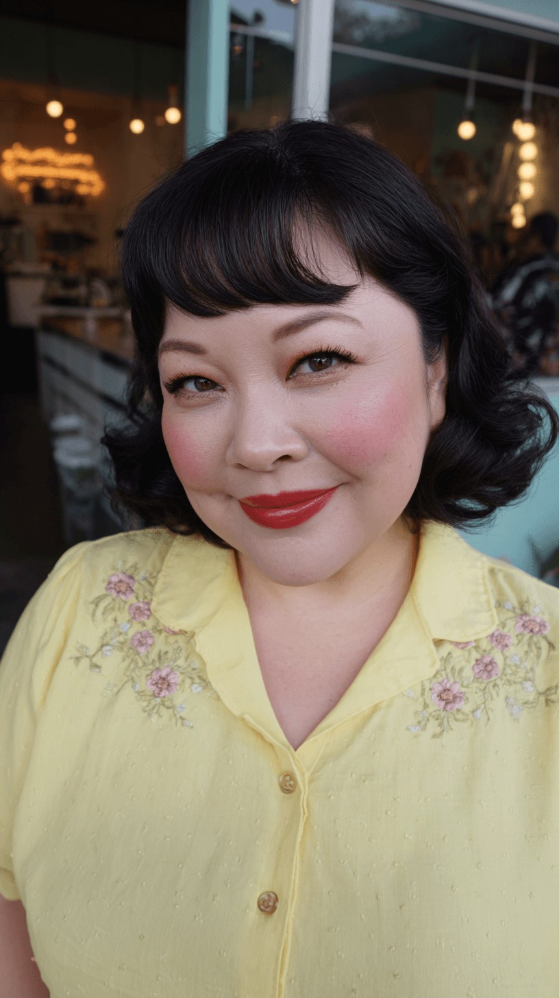 Classic Retro Curly Bob with Soft Bangs
