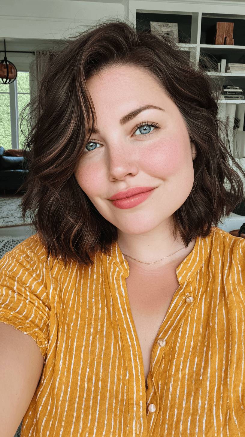 Effortless Dark Brown Wavy Lob with Subtle Face-Framing Layers