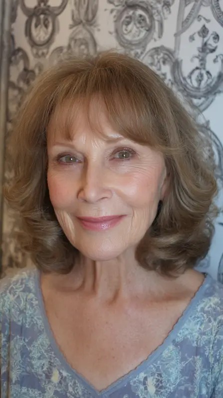 Soft Light Brown Layered Curls with Fringe