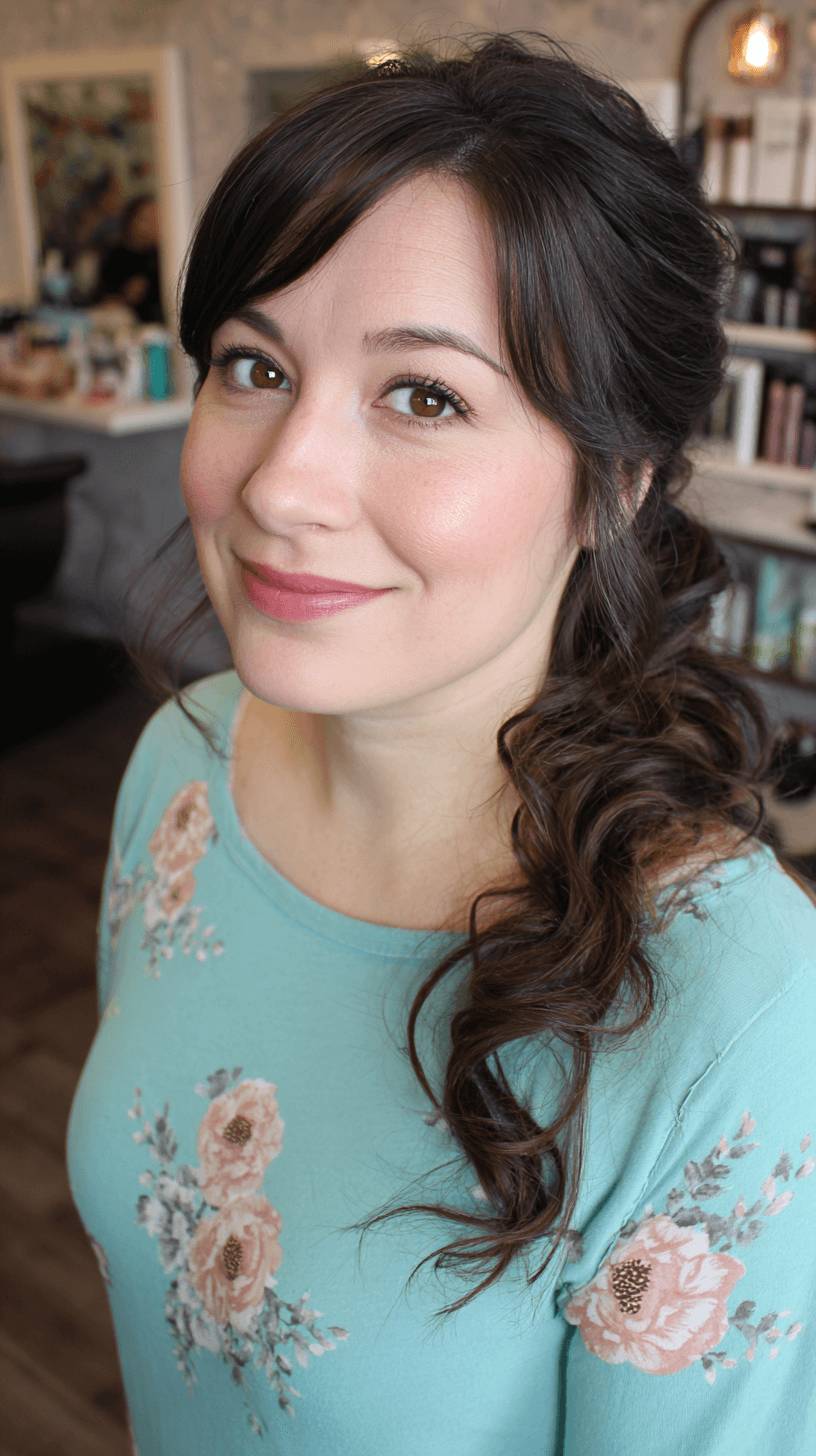 Stylish Dark Brown Curly Half-Updo with Soft Volume