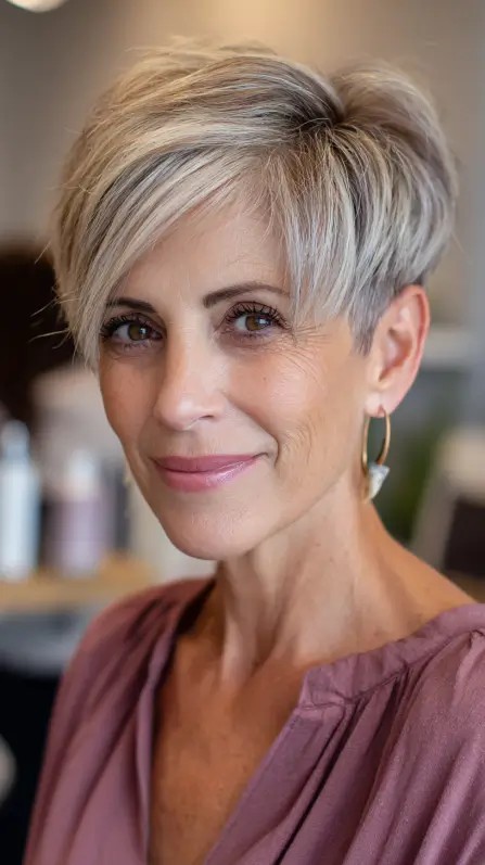 Textured Short Silver Pixie Cut with Soft Bangs