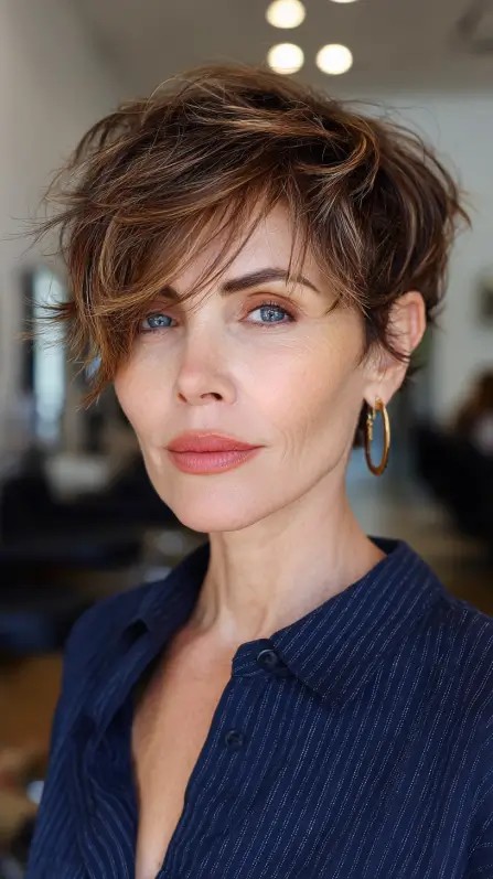 Textured Warm Brown Choppy Pixie with Soft Waves
