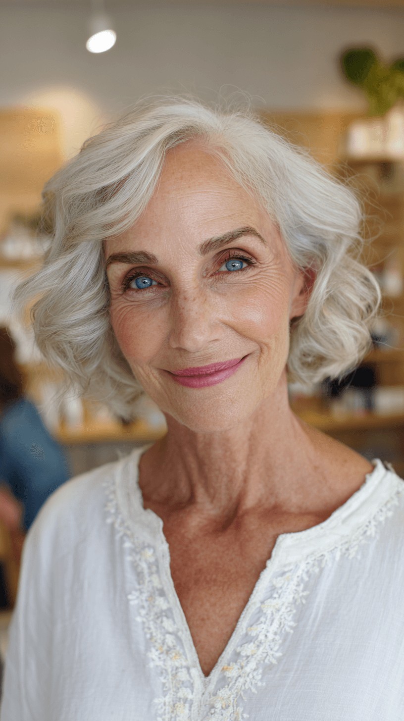 Elegant Soft Silver Curly Bob
