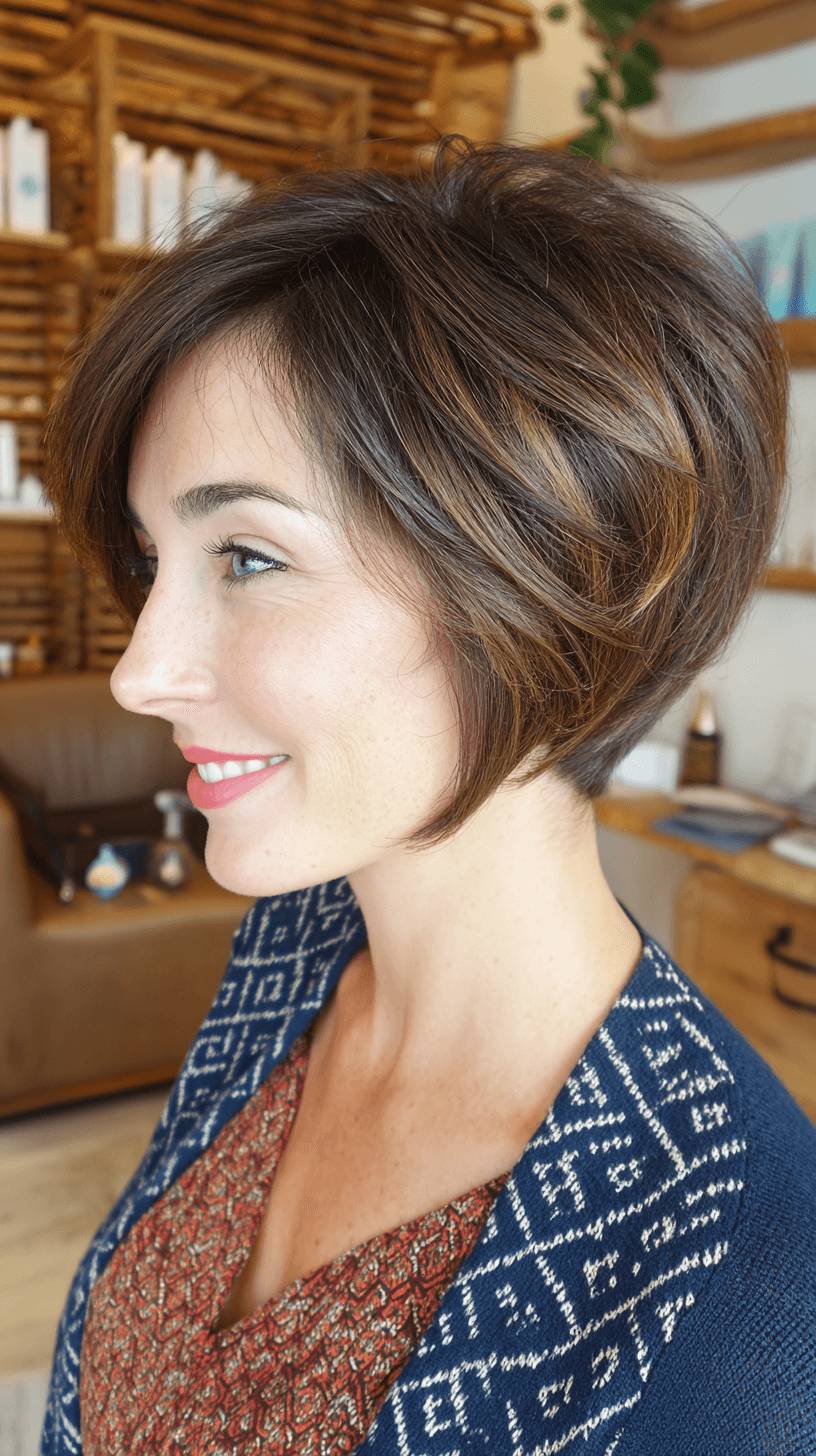 Stylish Textured Stacked Bob with Warm Highlights