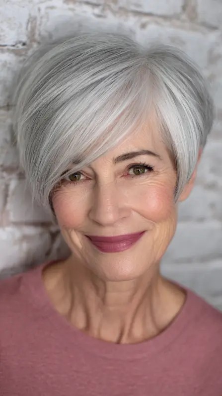 Elegant Silver Asymmetrical Bob with Soft Layers