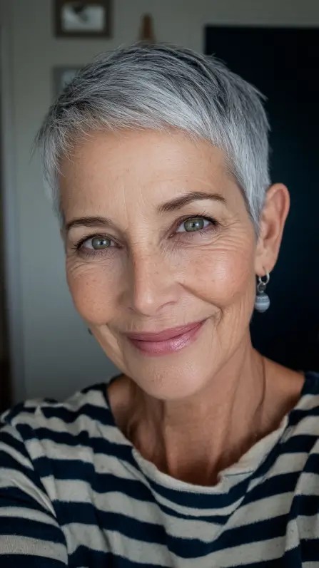 Short and Sleek Silver Pixie Cut with Textured Layers