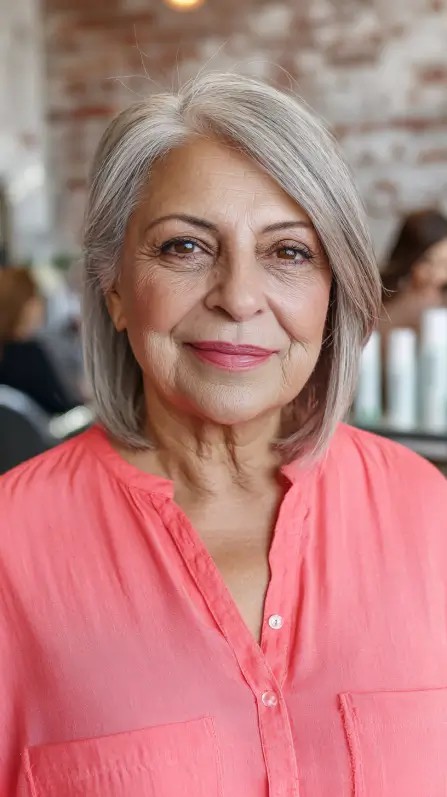 Softly Layered Silver Lob with Face-Framing Highlights