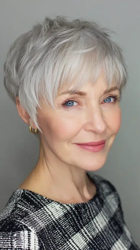 Textured Silver Pixie Cut with Soft Bangs