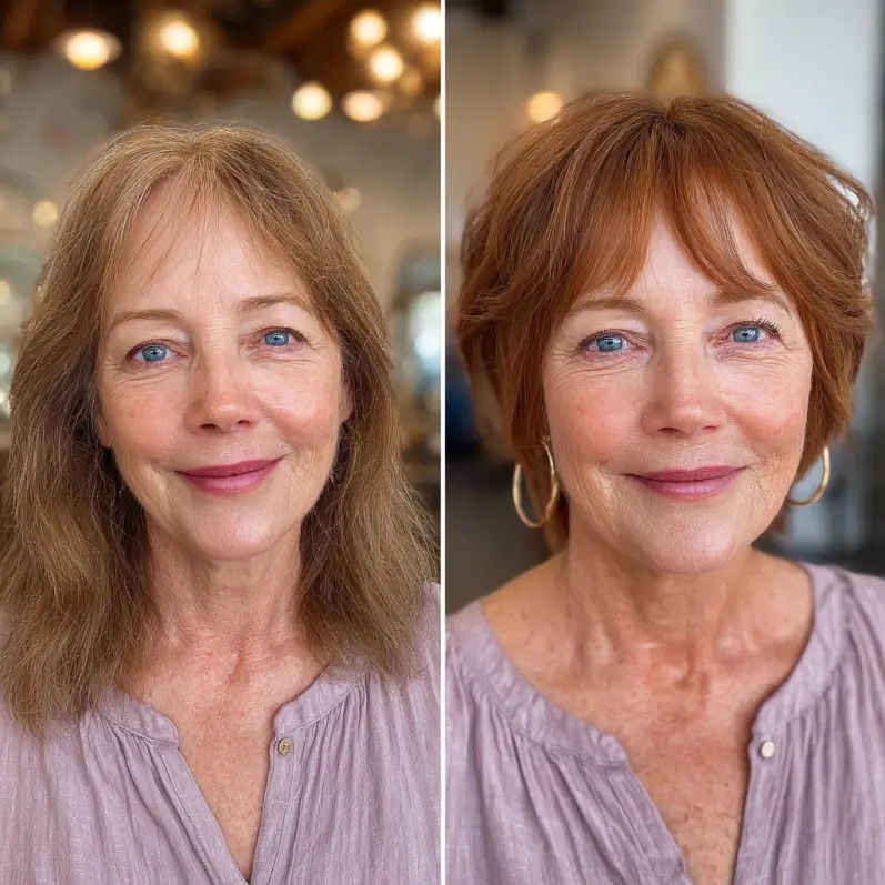 Stylish Copper Bottleneck Bangs with Soft Layers