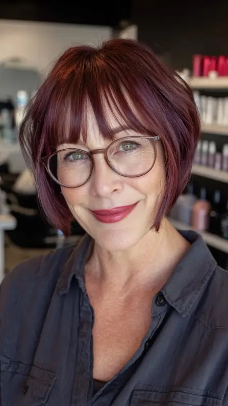 Chic Burgundy Bob with Playful Bangs