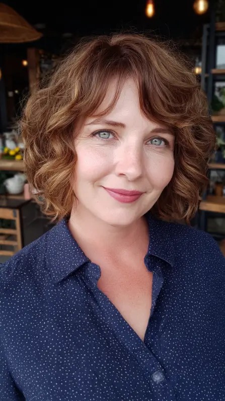 Chic Curly Bob with Soft Long Bangs