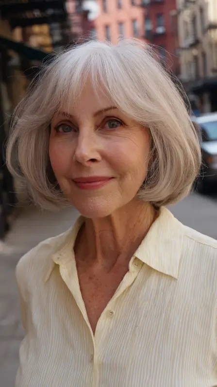 chic silver bob with bottleneck bangs