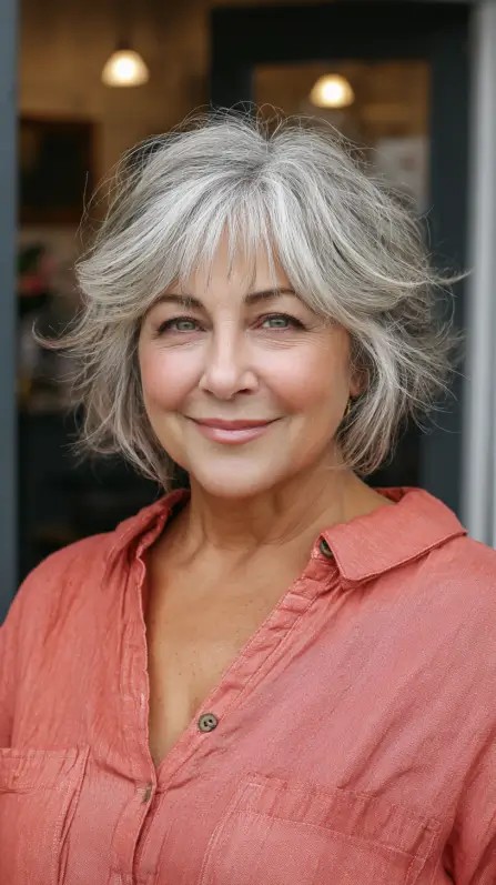 Choppy Silver Bottleneck Bangs with Layered Texture