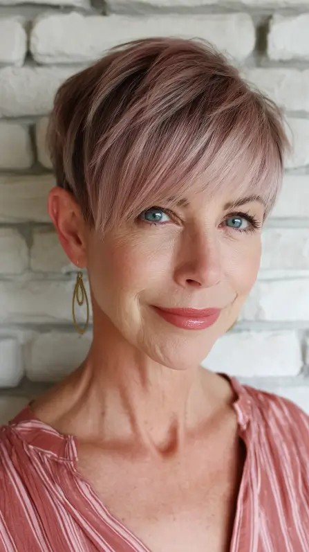 Soft Blush Pixie Cut with Long Bangs