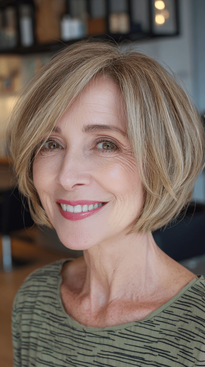 Softly Textured Rounded Bob with Subtle Highlights