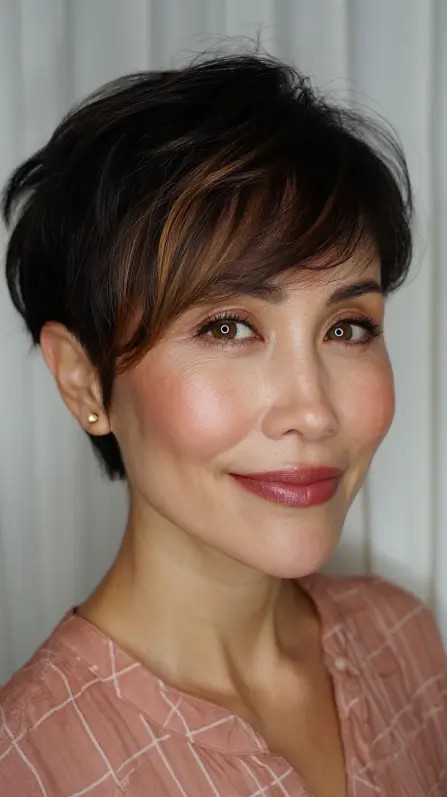 stylish textured short cut with long bangs