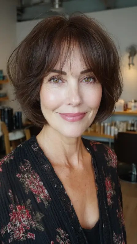 Textured Brunette Bob with Soft Bottleneck Bangs