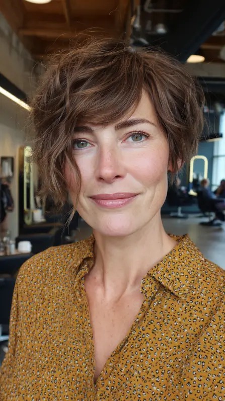 textured Curly Short Cut with Long Bangs