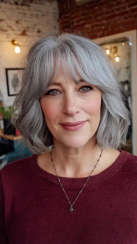 Textured Gray Bob with Soft Bottleneck Bangs