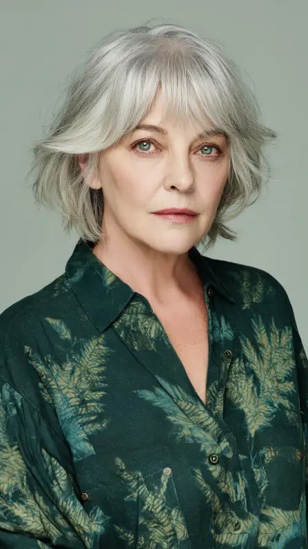 Textured Silver Bottleneck Bangs with Wispy Layers