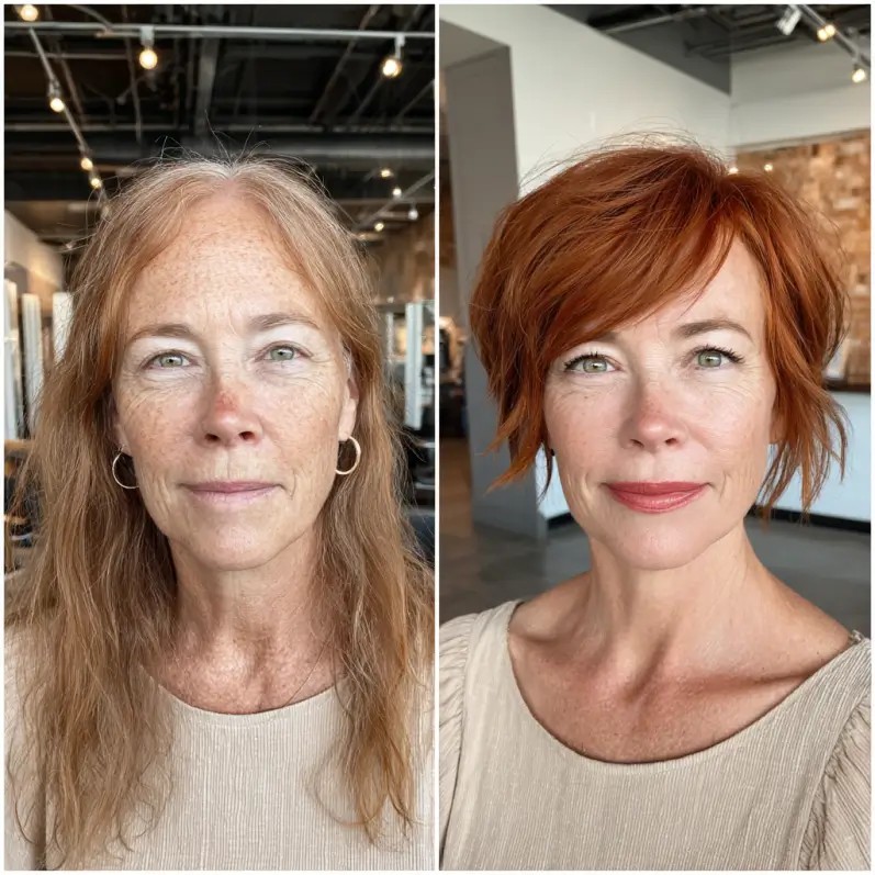 vibrant textured short bob with fiery red highlights