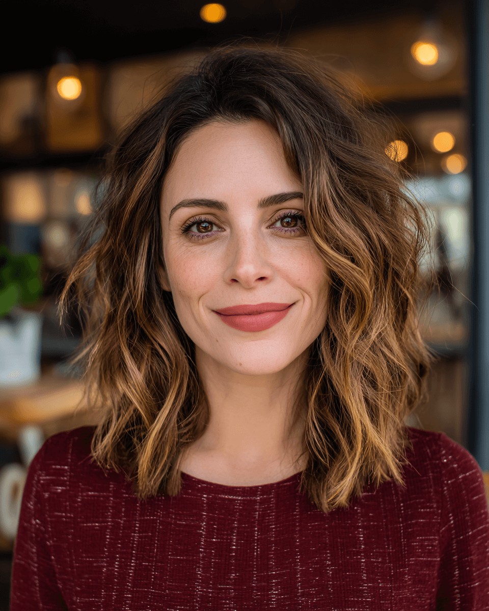 Chic Textured Mid-Length Cut with Warm Highlights
