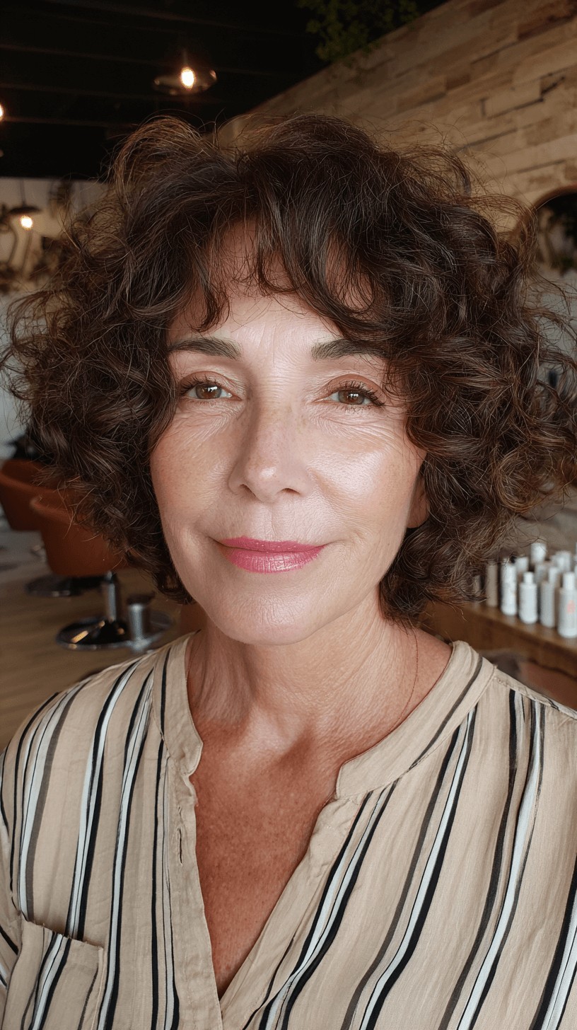 Chic Curly Shoulder-Length Cut with Soft Bangs