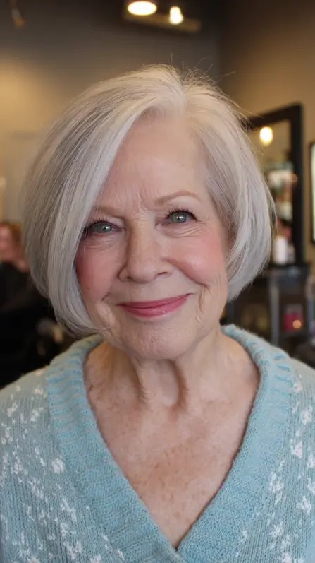 Chic Softly Layered Silver Reverse Bob