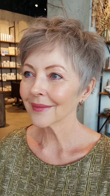 Chic Softly Textured Silver Pixie with Playful Lift