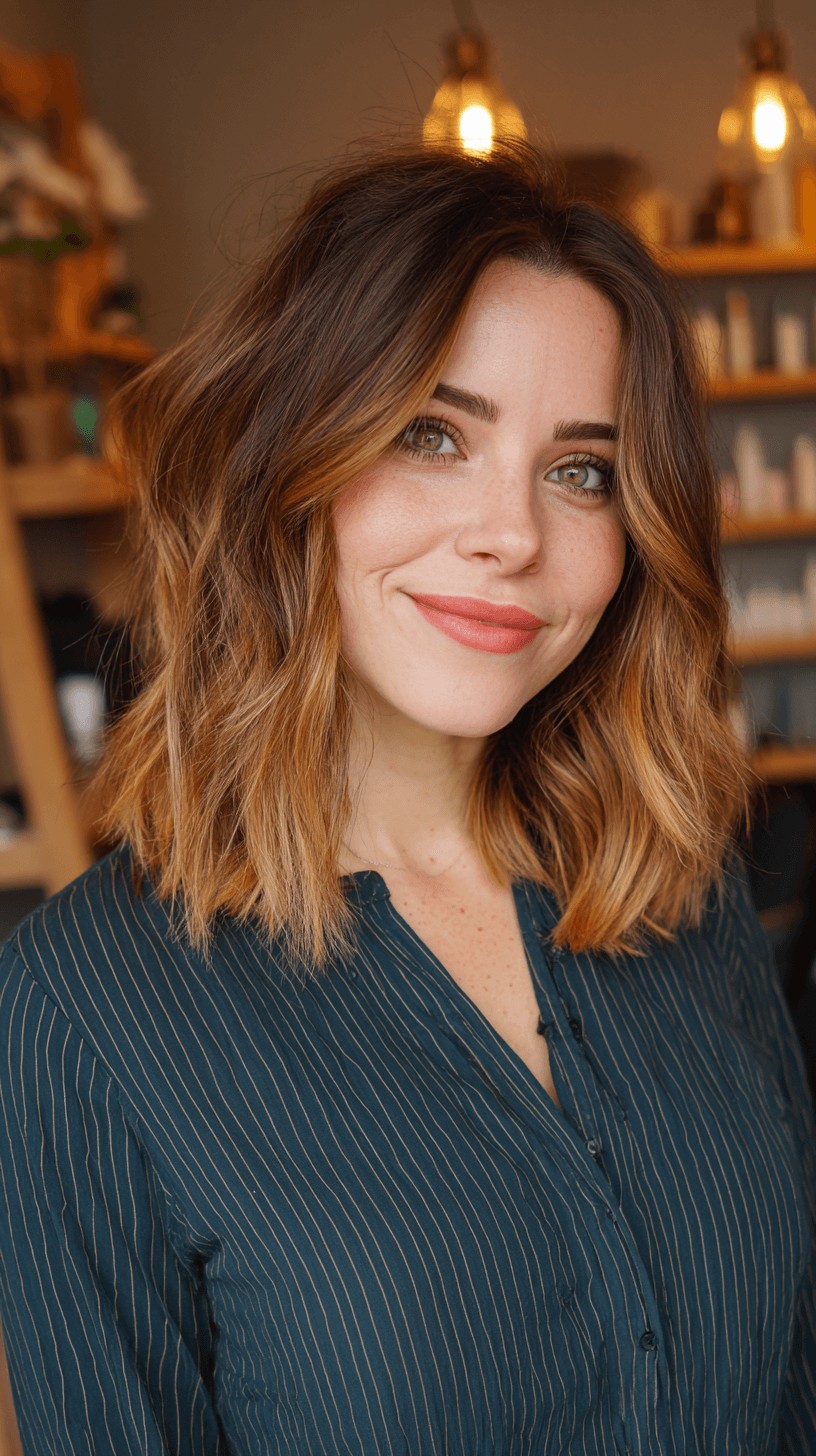 Chic Textured Lob with Warm Balayage